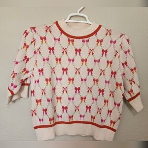 THML Pretty in Bows Knit Sweater Top XL Coquette Preppy Bow Pattern Short Sleeve